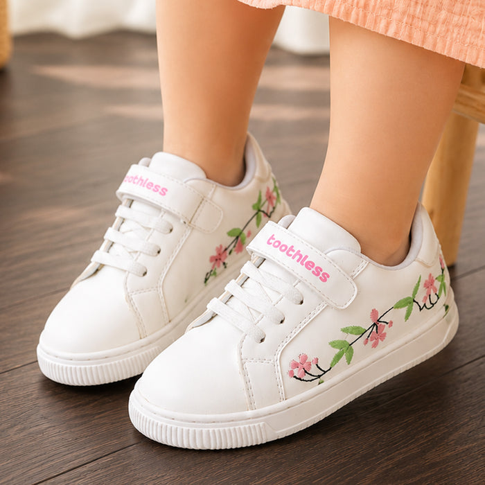 Kids Girls Casual Shoes in White with Floral Embroidery, Strap Closure & Cushioned Comfort