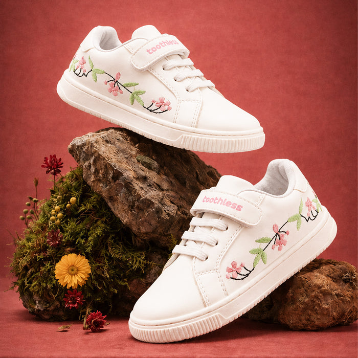Kids Girls Casual Shoes in White with Floral Embroidery, Strap Closure & Cushioned Comfort