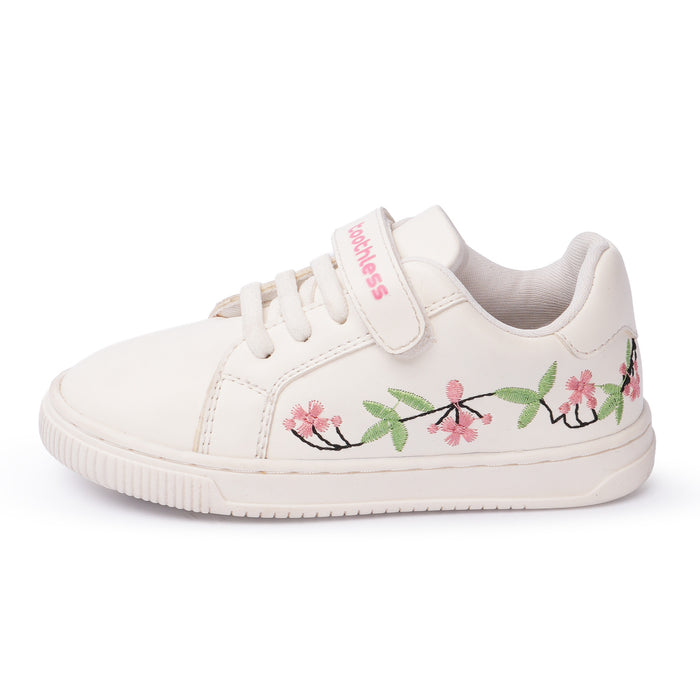 Kids Girls Casual Shoes in White with Floral Embroidery, Strap Closure & Cushioned Comfort