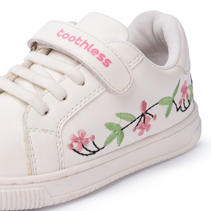 Kids Girls Casual Shoes in White with Floral Embroidery, Strap Closure & Cushioned Comfort