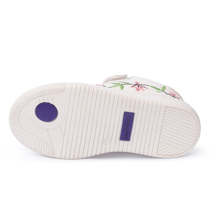 Kids Girls Casual Shoes in White with Floral Embroidery, Strap Closure & Cushioned Comfort