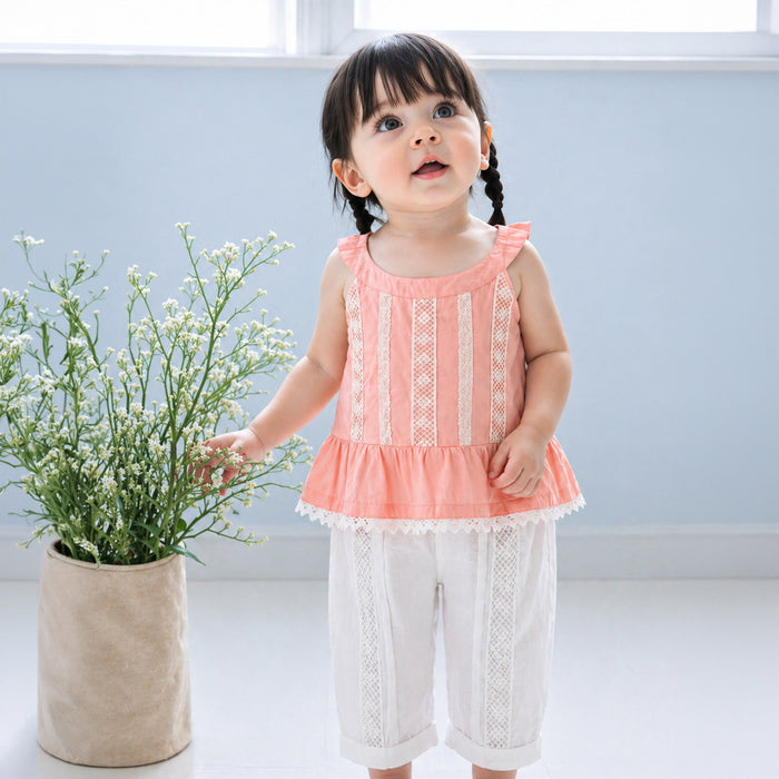 Kids Girls Co-ord Set in Peach White with Cotton Lace Top & Comfort Straight Fit Pants