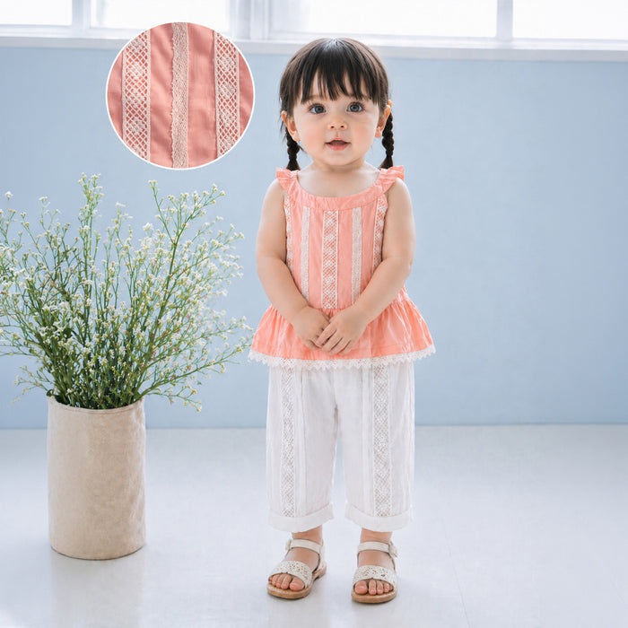 Kids Girls Co-ord Set in Peach White with Cotton Lace Top & Comfort Straight Fit Pants