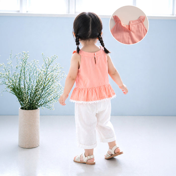 Kids Girls Co-ord Set in Peach White with Cotton Lace Top & Comfort Straight Fit Pants