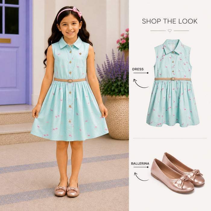 Kids Girls Combo Set with Aqua Flamingo Print Casual Dress & Rose Gold Bow Ballerinas