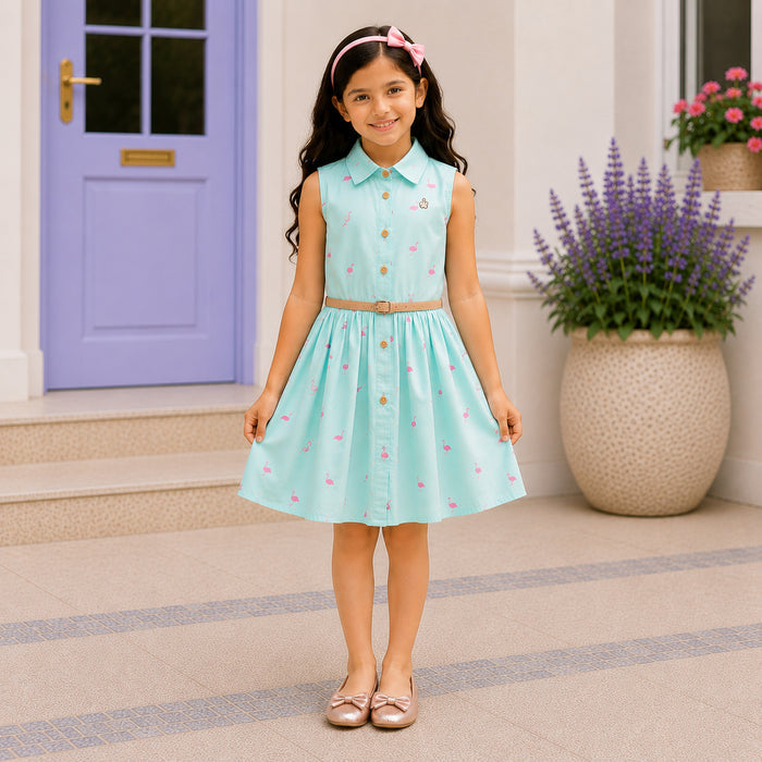 Kids Girls Combo Set with Aqua Flamingo Print Casual Dress & Rose Gold Bow Ballerinas
