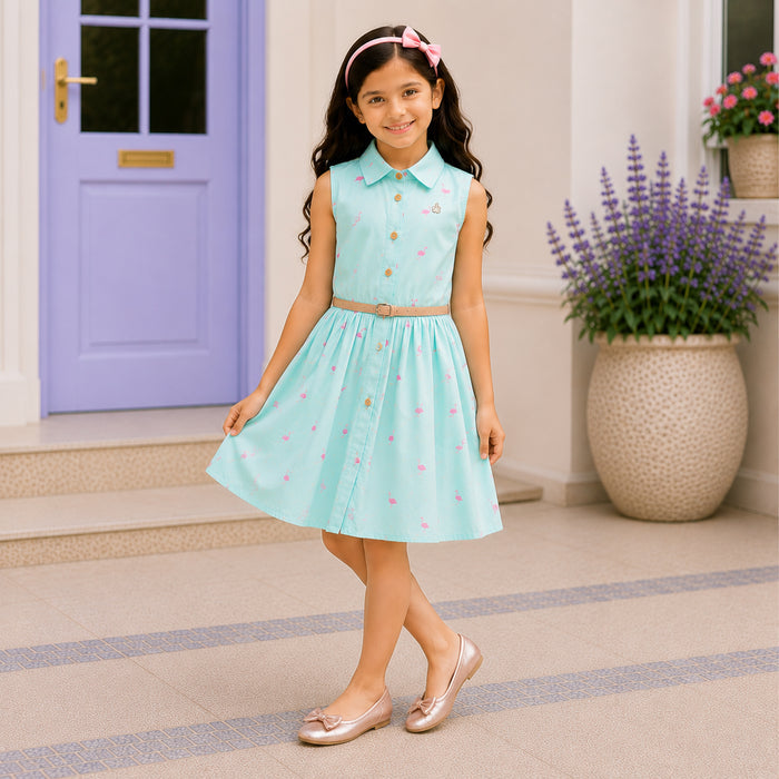 Kids Girls Combo Set with Aqua Flamingo Print Casual Dress & Rose Gold Bow Ballerinas