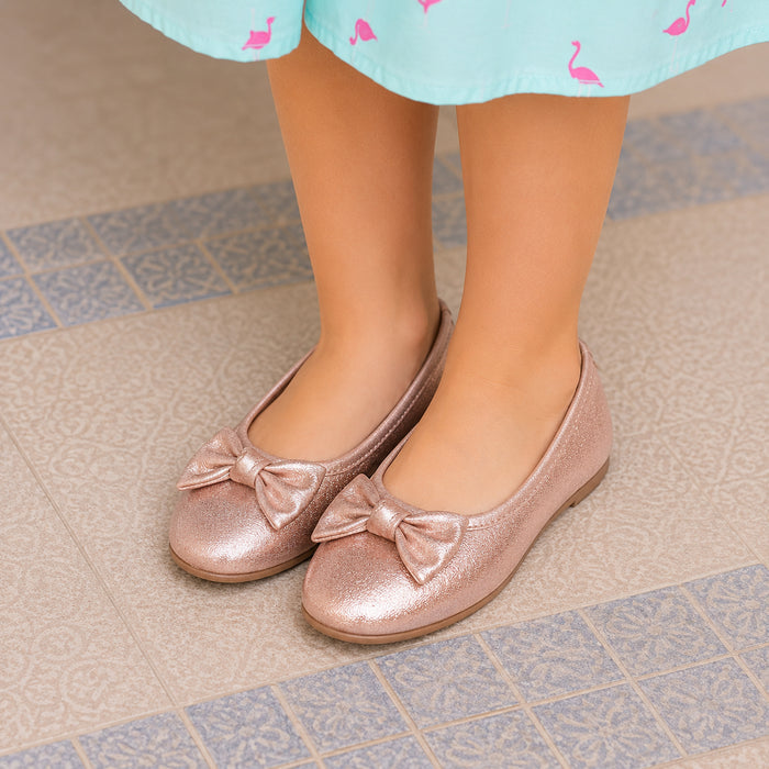 Kids Girls Combo Set with Aqua Flamingo Print Casual Dress & Rose Gold Bow Ballerinas