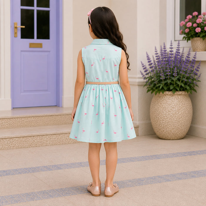 Kids Girls Combo Set with Aqua Flamingo Print Casual Dress & Rose Gold Bow Ballerinas