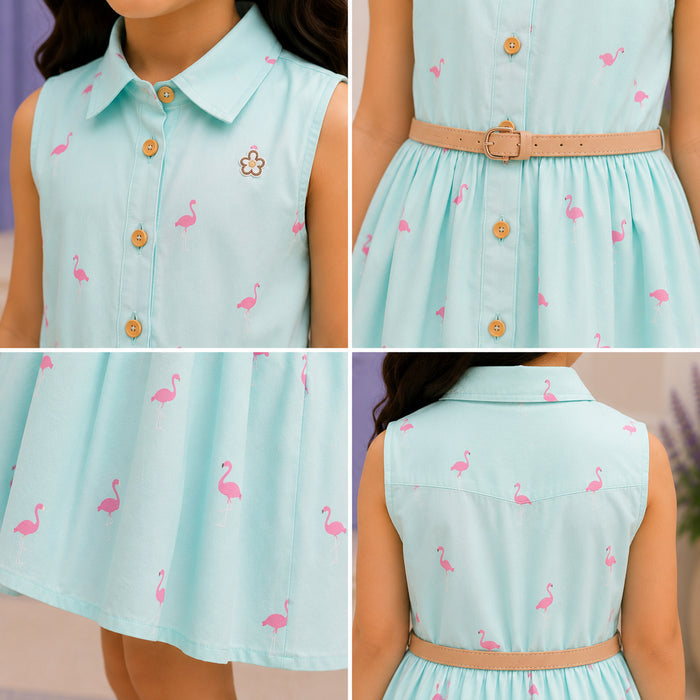 Kids Girls Combo Set with Aqua Flamingo Print Casual Dress & Rose Gold Bow Ballerinas