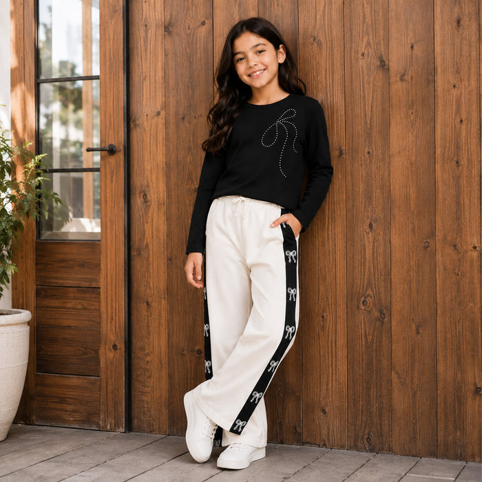 Kids Girls Combo Set with Black Casual Full Sleeves Tshirt & White Wide Leg Comfort Lower