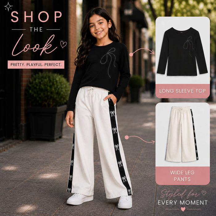 Kids Girls Combo Set with Black Casual Full Sleeves Tshirt & White Wide Leg Comfort Lower