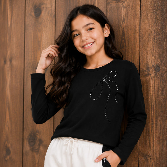 Kids Girls Combo Set with Black Casual Full Sleeves Tshirt & White Wide Leg Comfort Lower