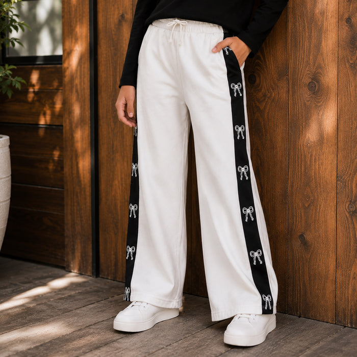 Kids Girls Combo Set with Black Casual Full Sleeves Tshirt & White Wide Leg Comfort Lower
