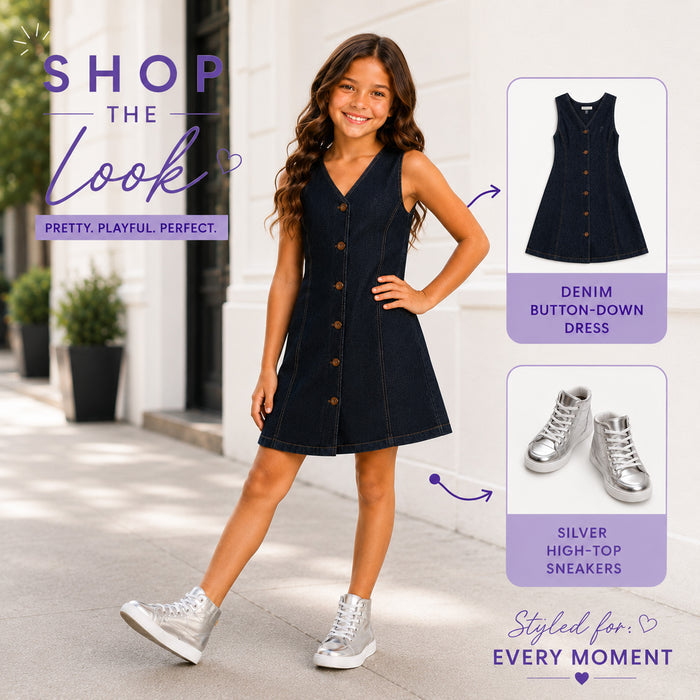 Kids Girls Combo Set with Dark Blue Denim Dress & Silver Metallic Boots, Perfect Party Outfit