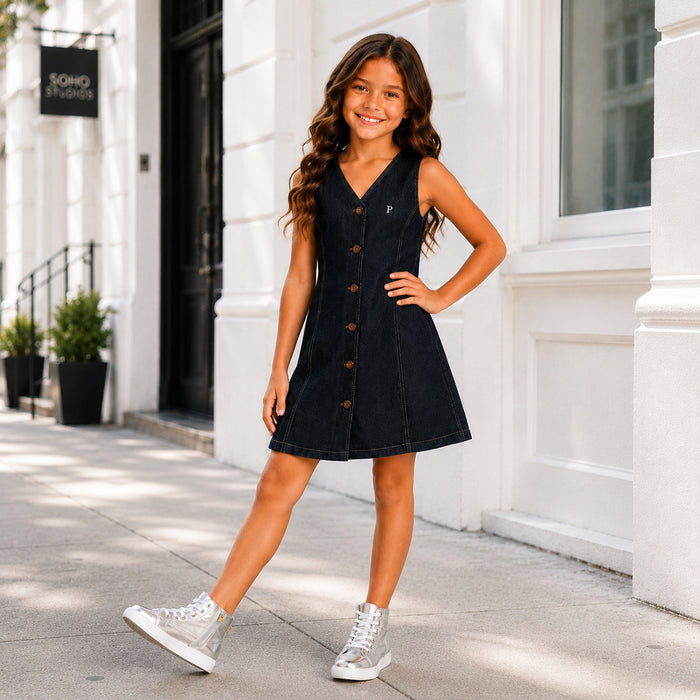 Kids Girls Combo Set with Dark Blue Denim Dress & Silver Metallic Boots, Perfect Party Outfit