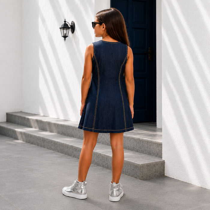 Kids Girls Combo Set with Dark Blue Denim Dress & Silver Metallic Boots, Perfect Party Outfit