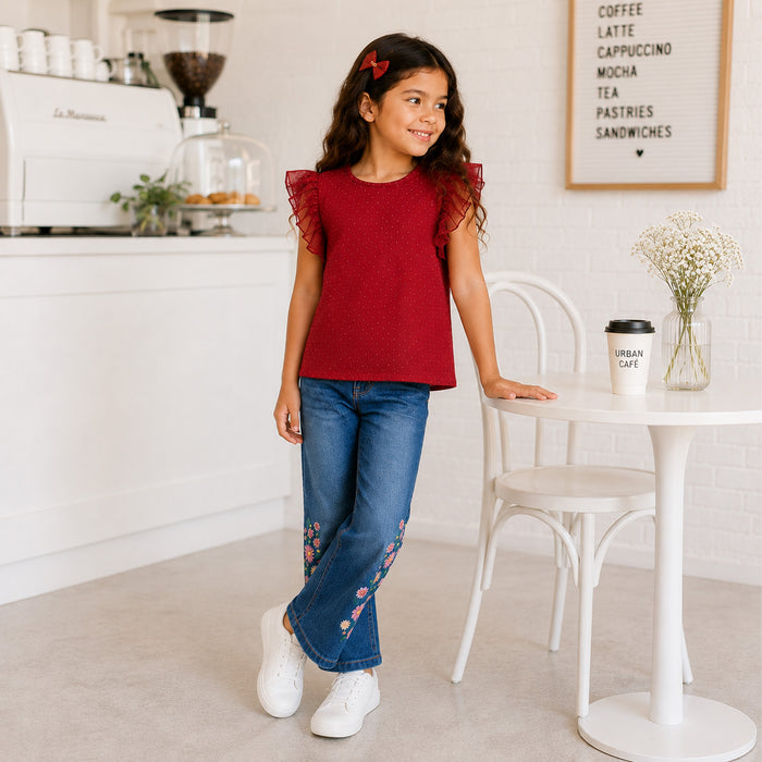 Kids Girls Combo Set with Fuchsia Ruffle Top & Mid Blue Floral Embroidered Relaxed Fit Jeans