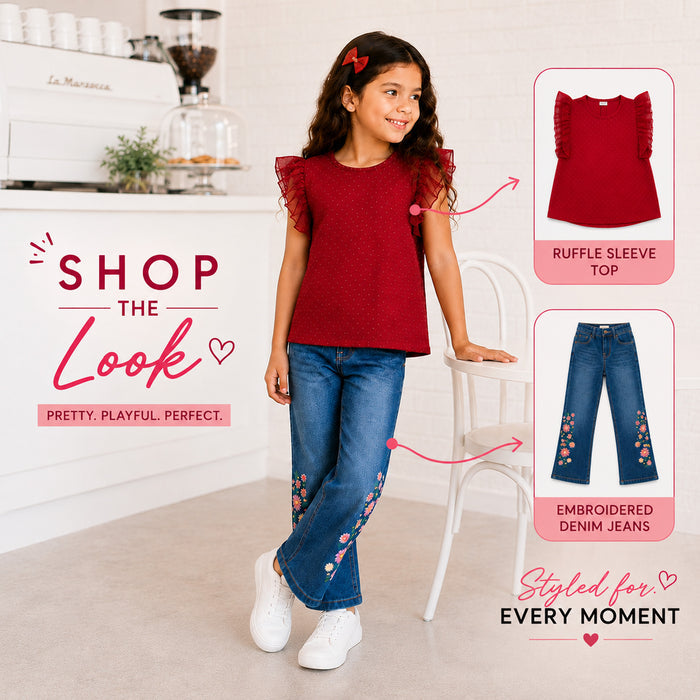 Kids Girls Combo Set with Fuchsia Ruffle Top & Mid Blue Floral Embroidered Relaxed Fit Jeans