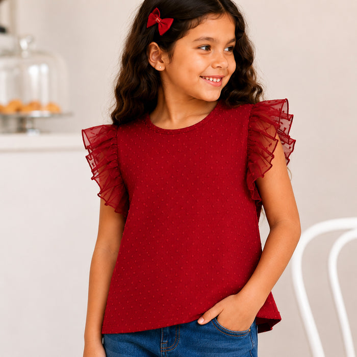 Kids Girls Combo Set with Fuchsia Ruffle Top & Mid Blue Floral Embroidered Relaxed Fit Jeans
