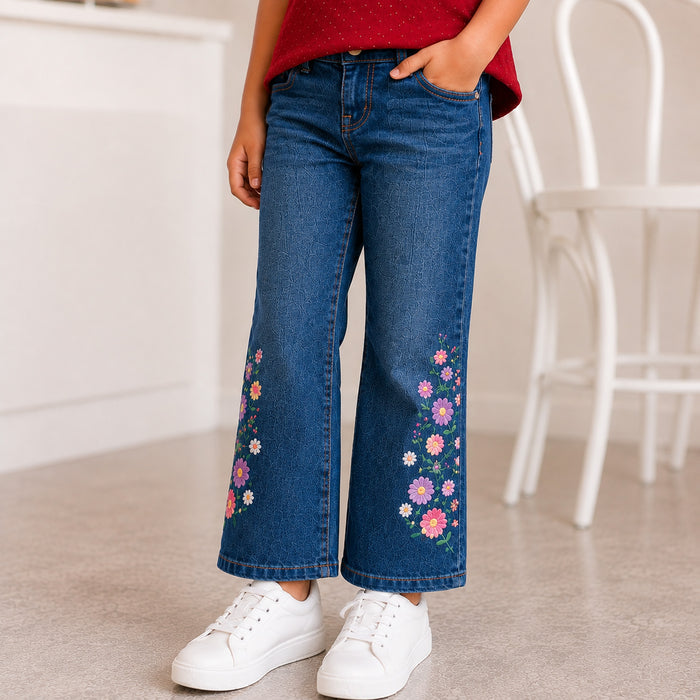 Kids Girls Combo Set with Fuchsia Ruffle Top & Mid Blue Floral Embroidered Relaxed Fit Jeans