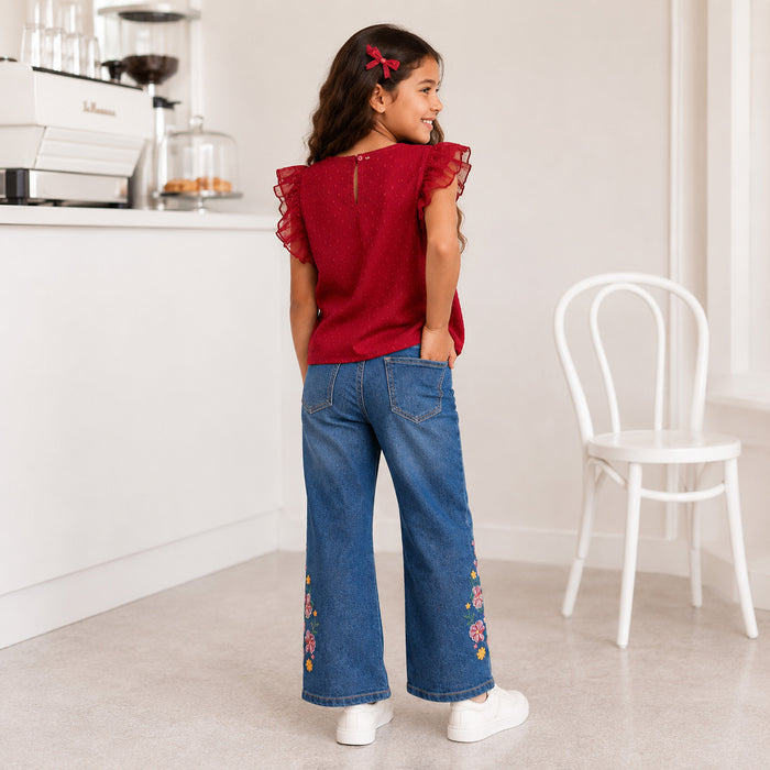 Kids Girls Combo Set with Fuchsia Ruffle Top & Mid Blue Floral Embroidered Relaxed Fit Jeans