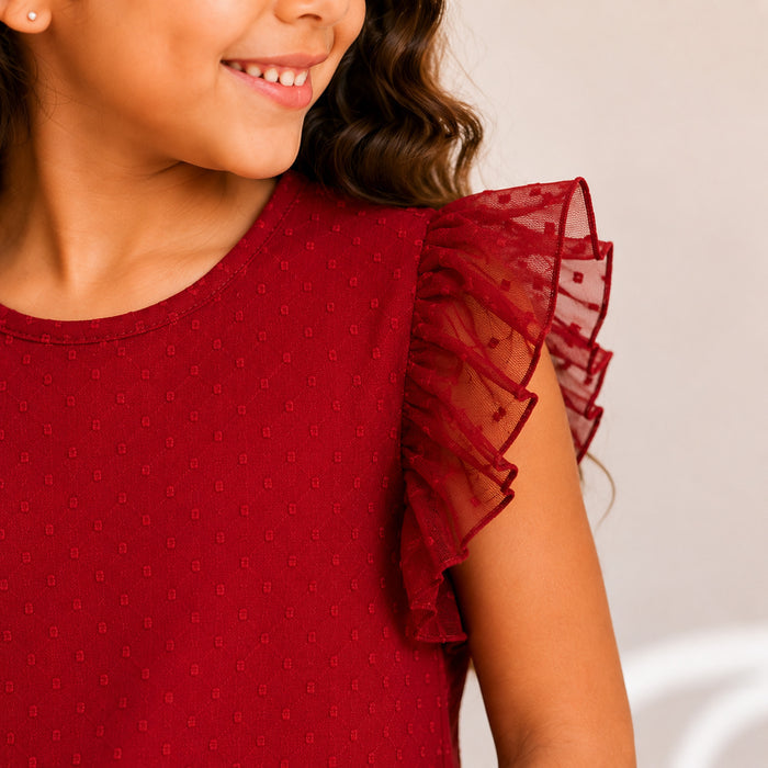 Kids Girls Combo Set with Fuchsia Ruffle Top & Mid Blue Floral Embroidered Relaxed Fit Jeans