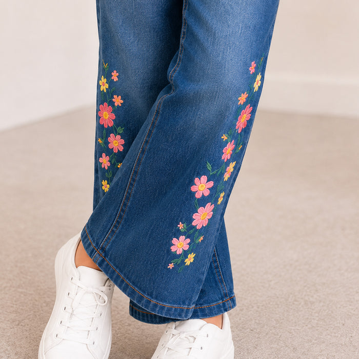 Kids Girls Combo Set with Fuchsia Ruffle Top & Mid Blue Floral Embroidered Relaxed Fit Jeans