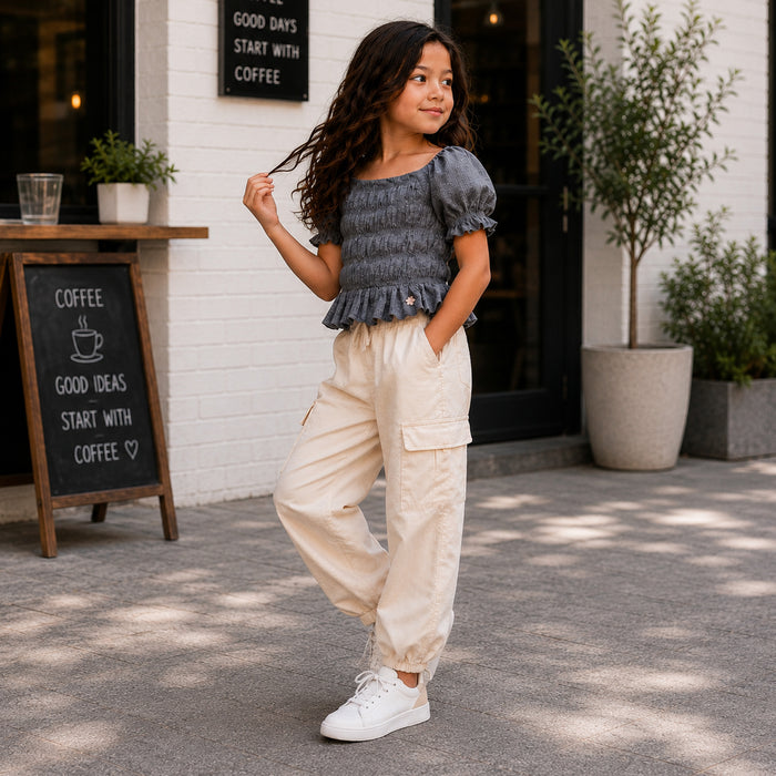 Kids Girls Combo Set with Grey Casual Smocked Top & Off-White Soft Comfort Cargo Lower