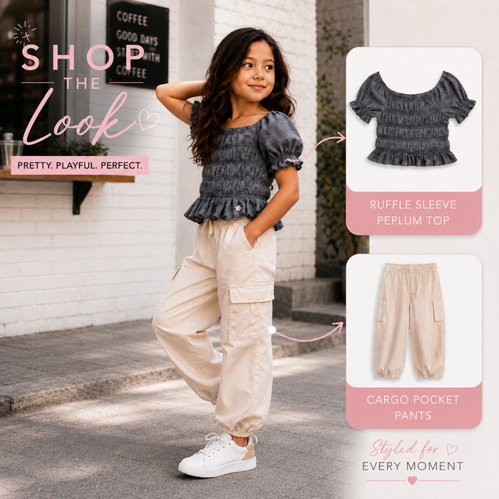 Kids Girls Combo Set with Grey Casual Smocked Top & Off-White Soft Comfort Cargo Lower