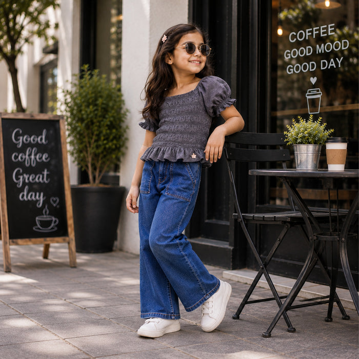 Kids Girls Combo Set with Grey Smocking Peplum Top & Mid Blue Wide-Leg Denim Jeans