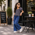 Kids Girls Combo Set with Grey Smocking Peplum Top & Mid Blue Wide-Leg Denim Jeans