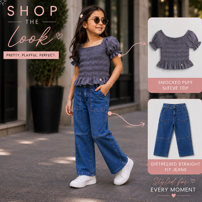 Kids Girls Combo Set with Grey Smocking Peplum Top & Mid Blue Wide-Leg Denim Jeans