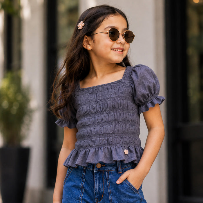 Kids Girls Combo Set with Grey Smocking Peplum Top & Mid Blue Wide-Leg Denim Jeans