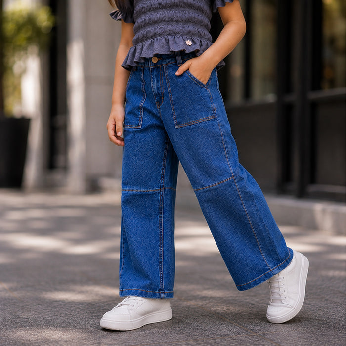 Kids Girls Combo Set with Grey Smocking Peplum Top & Mid Blue Wide-Leg Denim Jeans