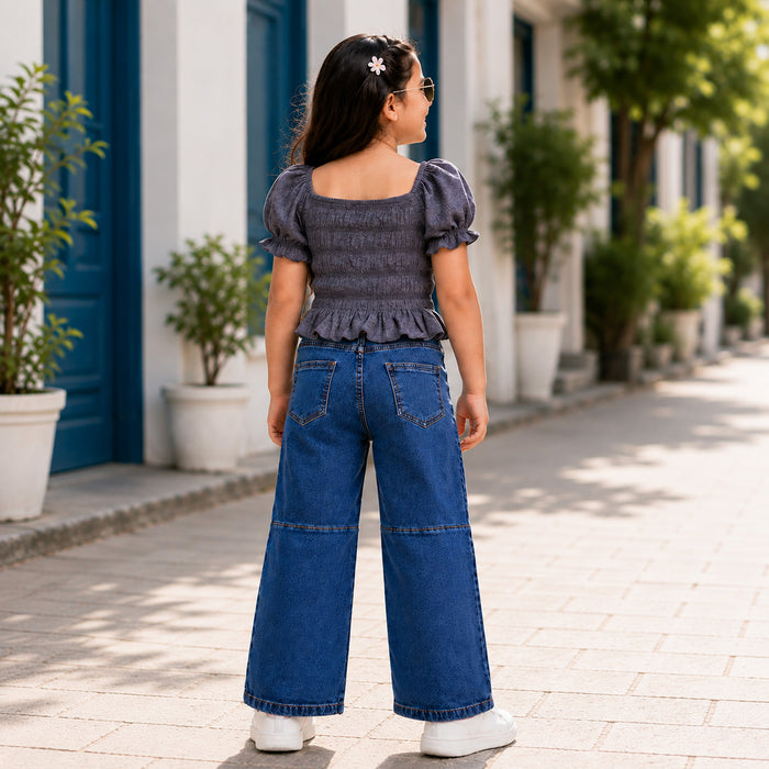 Kids Girls Combo Set with Grey Smocking Peplum Top & Mid Blue Wide-Leg Denim Jeans