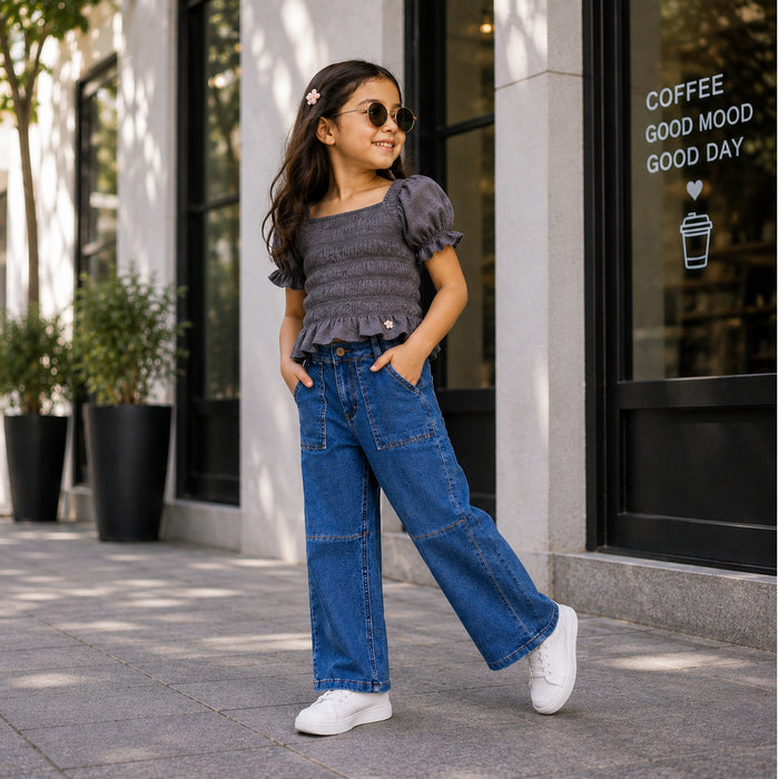 Kids Girls Combo Set with Grey Smocking Peplum Top & Mid Blue Wide-Leg Denim Jeans