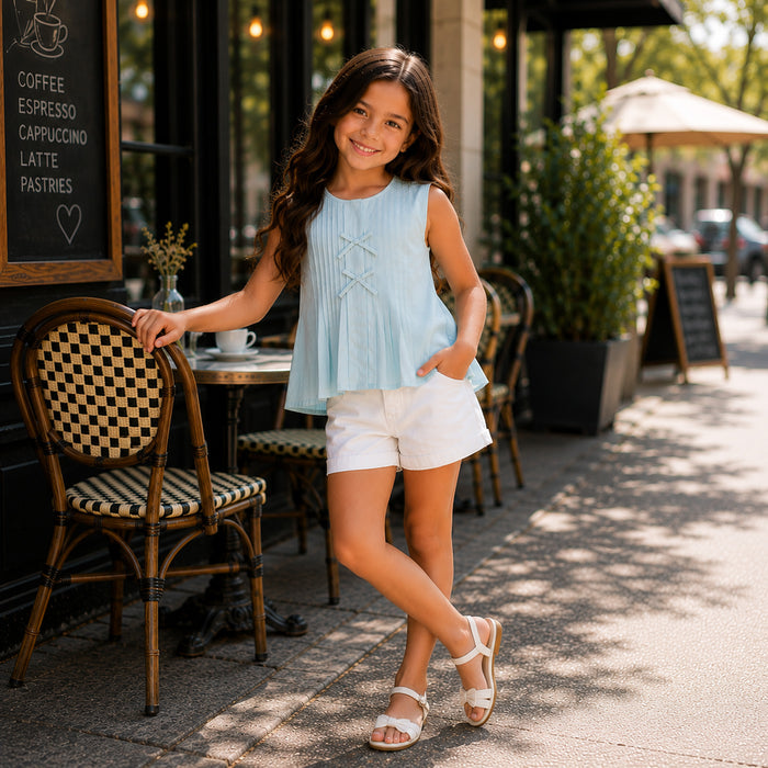 Kids Girls Combo Set with Light Blue Breathable Fabric Top & White Comfort Fit Shorts
