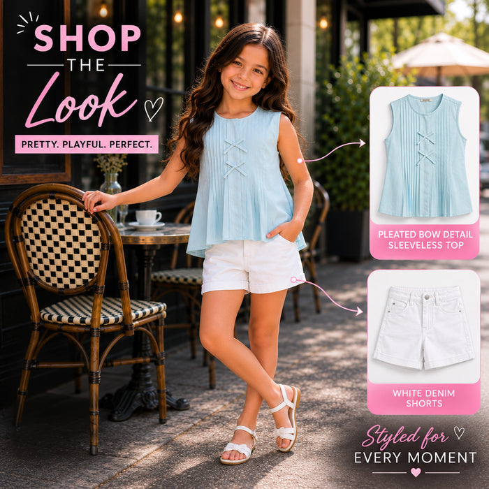 Kids Girls Combo Set with Light Blue Breathable Fabric Top & White Comfort Fit Shorts