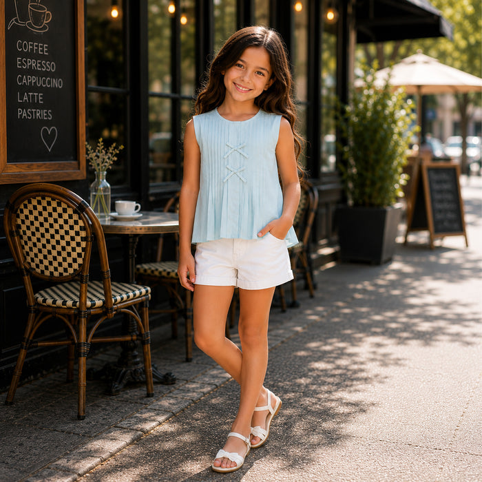 Kids Girls Combo Set with Light Blue Breathable Fabric Top & White Comfort Fit Shorts