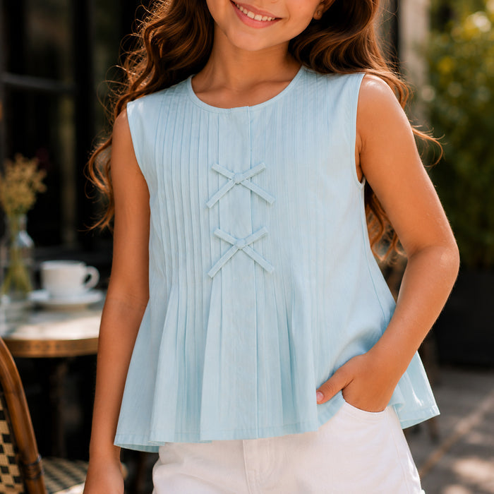Kids Girls Combo Set with Light Blue Breathable Fabric Top & White Comfort Fit Shorts