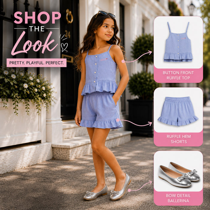 Kids Girls Combo Set with Light Blue Casual Coord Set & Silver Comfort Fit Ballerinas