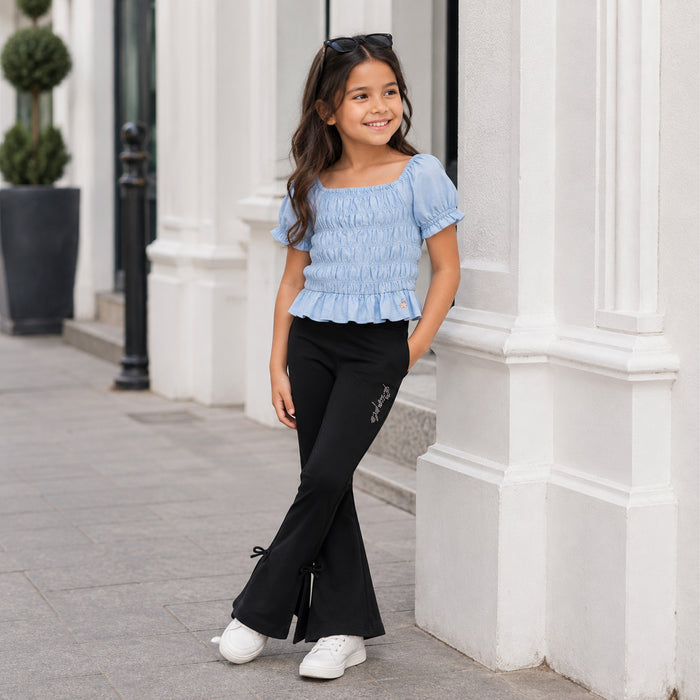 Kids Girls Combo Set with Light Blue Casual Smocked Top & Black Comfortable Flared Lower