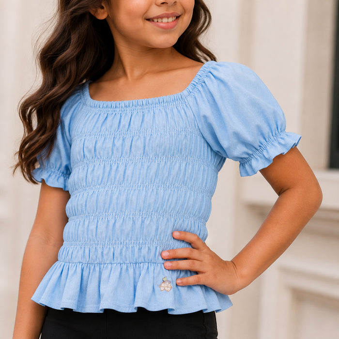 Kids Girls Combo Set with Light Blue Casual Smocked Top & Black Comfortable Flared Lower