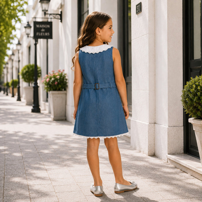 Kids Girls Combo Set with Light Blue Denim Dress & Silver Casual Ballerinas with Bow Details