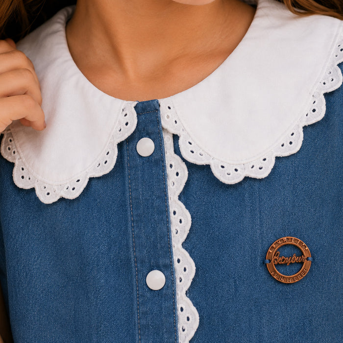 Kids Girls Combo Set with Light Blue Denim Dress & Silver Casual Ballerinas with Bow Details