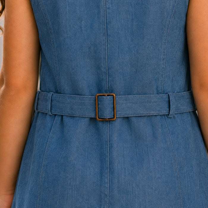 Kids Girls Combo Set with Light Blue Denim Dress & Silver Casual Ballerinas with Bow Details