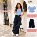 Kids Girls Combo Set with Light Blue Smocked Top & Navy Blue Relaxed Fit Casual Trouser