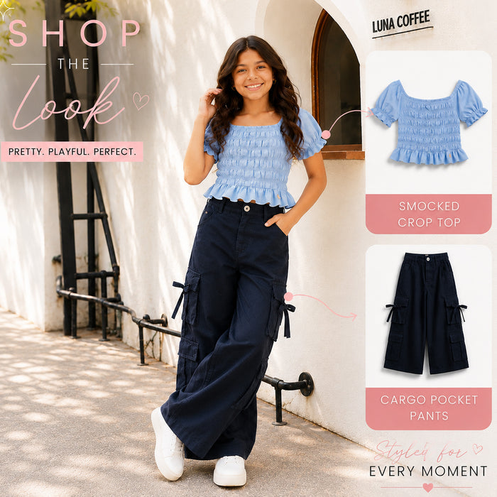 Kids Girls Combo Set with Light Blue Smocked Top & Navy Blue Relaxed Fit Casual Trouser