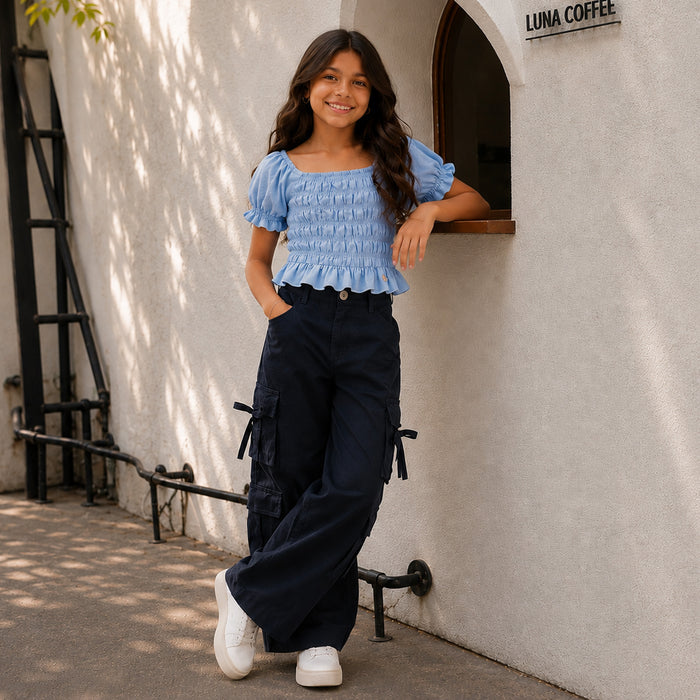 Kids Girls Combo Set with Light Blue Smocked Top & Navy Blue Relaxed Fit Casual Trouser